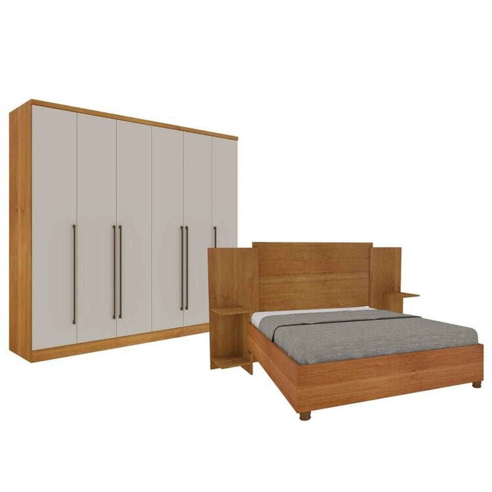 Quarto Casal Guarda-Roupa 6 Portas Portugal E Cama Box Casal Monaco Queen Com Painel Espresso Móveis Cinamomo/Off White