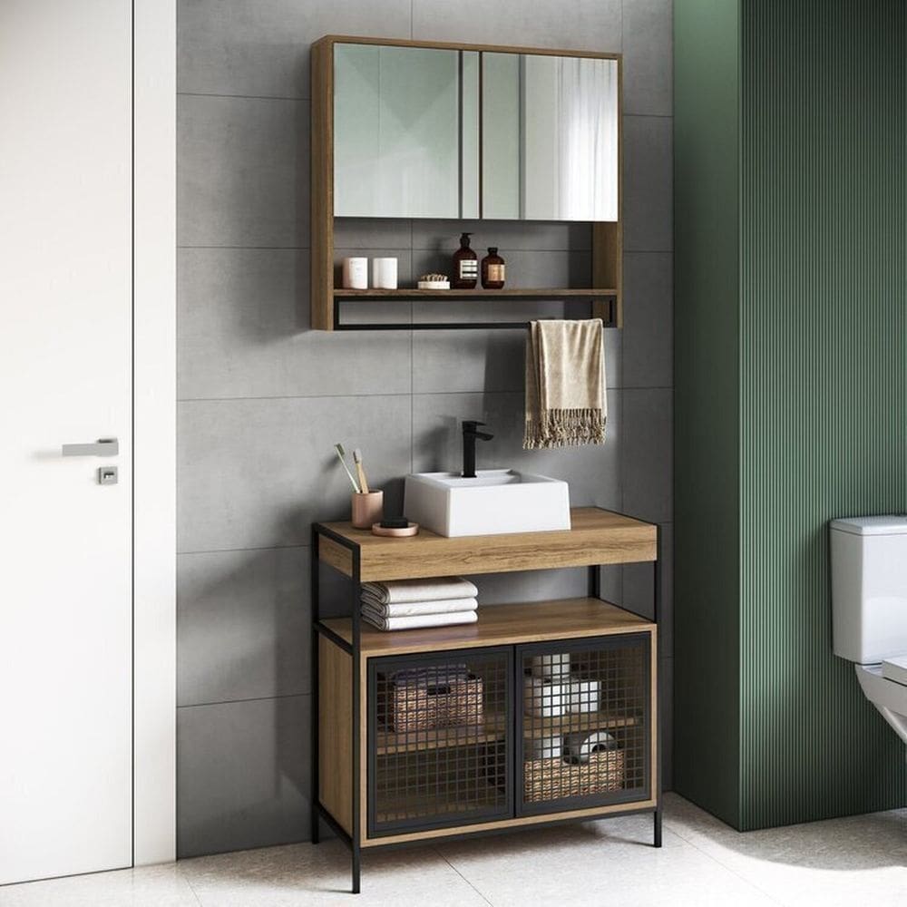 Gabinete de Banheiro Industrial de Chão 80cm P1038 com Cuba Sobrepor e Espelheira Preto/Mel