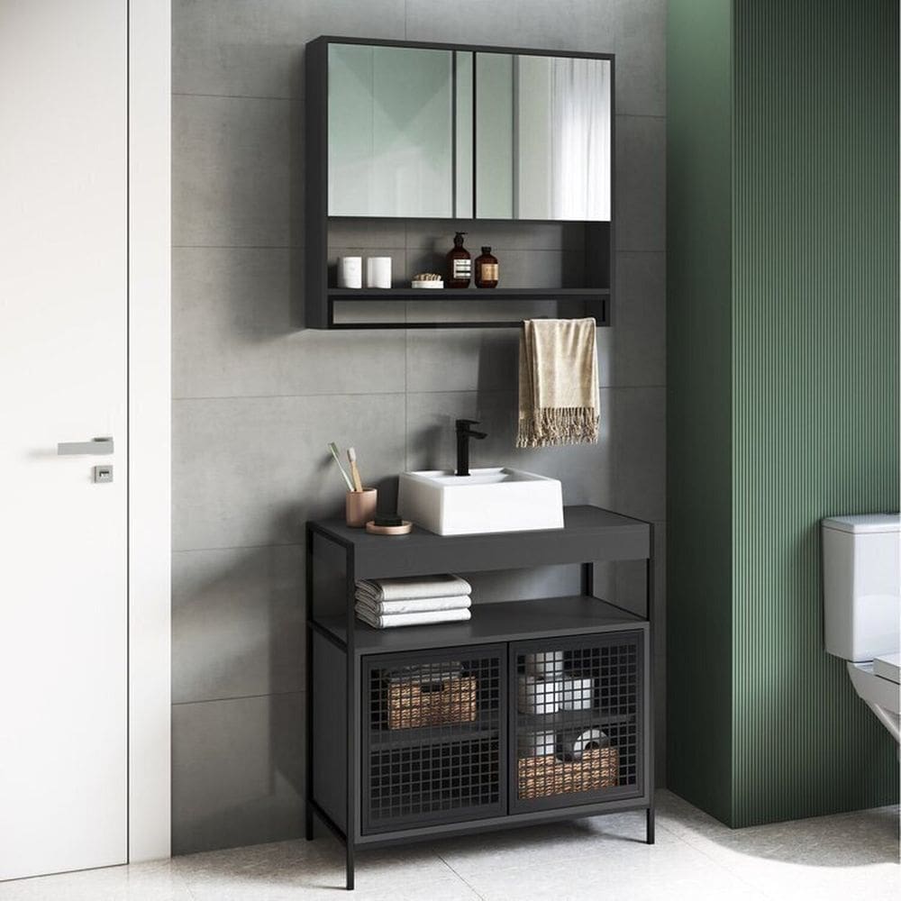 Gabinete de Banheiro Industrial de Chão 80cm P1038 com Cuba Sobrepor e Espelheira Preto/Grafite
