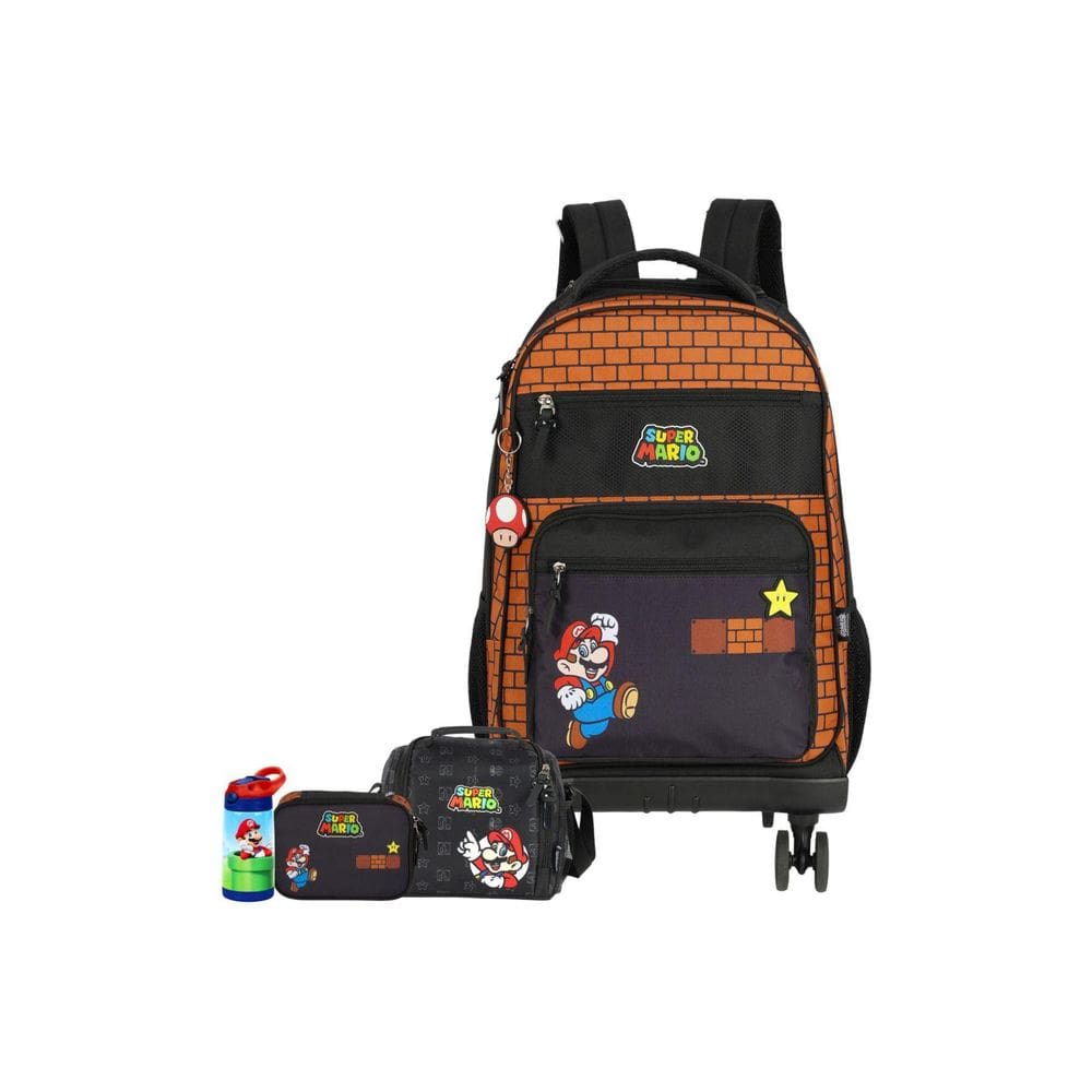 Kit Mochila Lancheira Estojo Garrafa Super Mario - Marrom