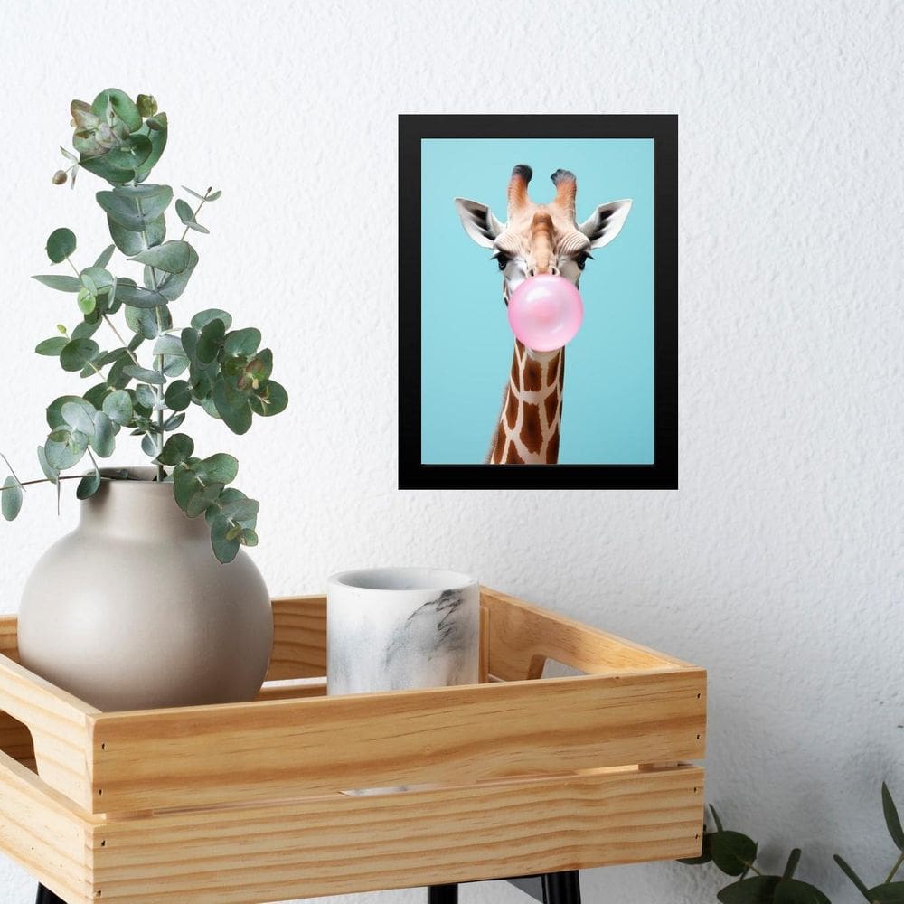 Quadro Girafa Bubble Gum Azul E Rosa 24X18Cm - Com Vidro