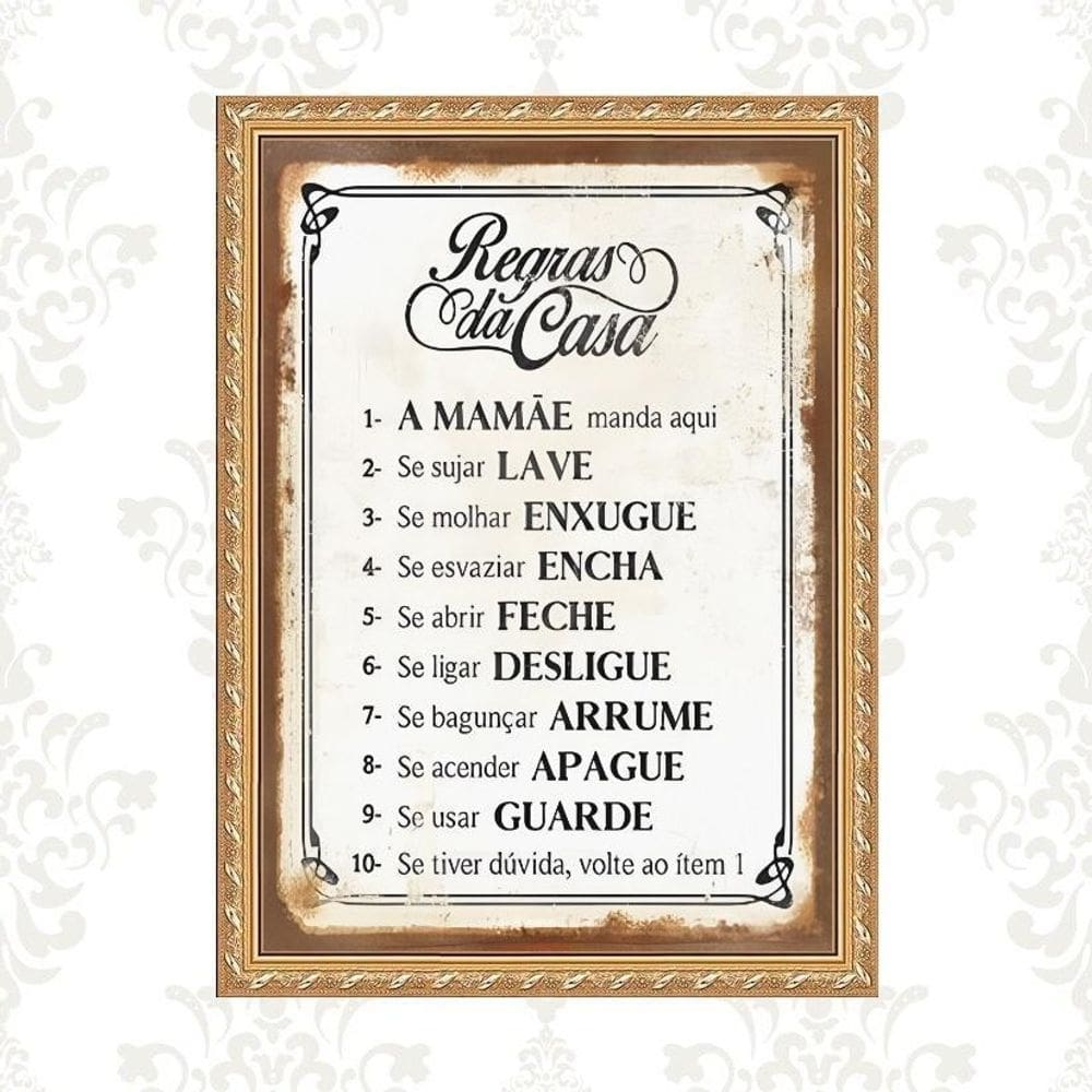 Quadro Moldura Dourada Regras Da Casa 45X34Cm