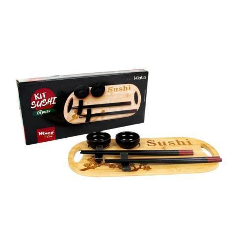 Kit Sushi 7 Peças Conjunto Oriental Bambu E Porcelana