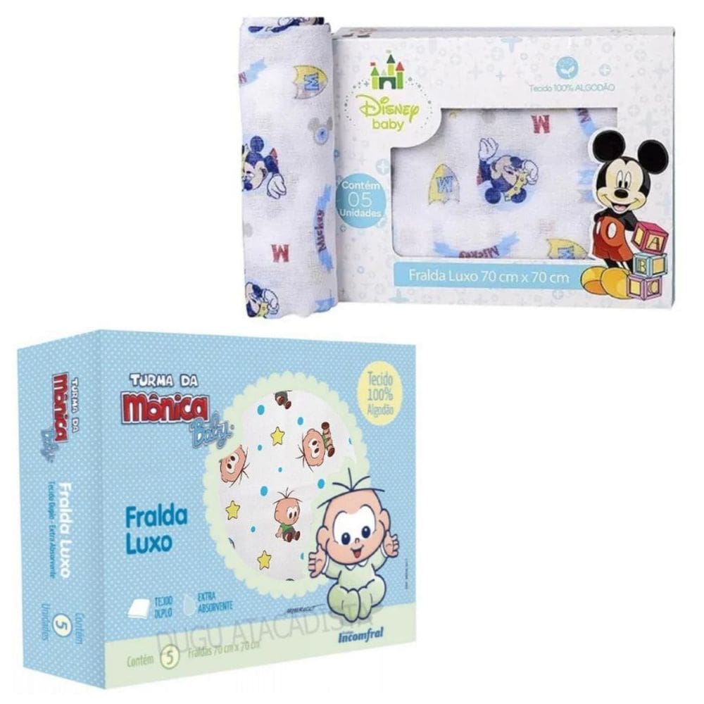 Caixa Com 10 Fralda De Pano 70X70Cm Cebolinha E Mickey