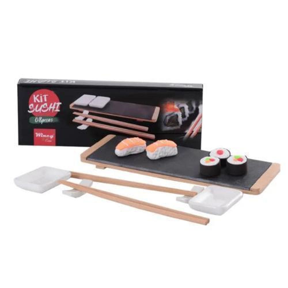 Kit C/8 Peças Para Servir Sushi Em Bambu Ardósia E Porcelana