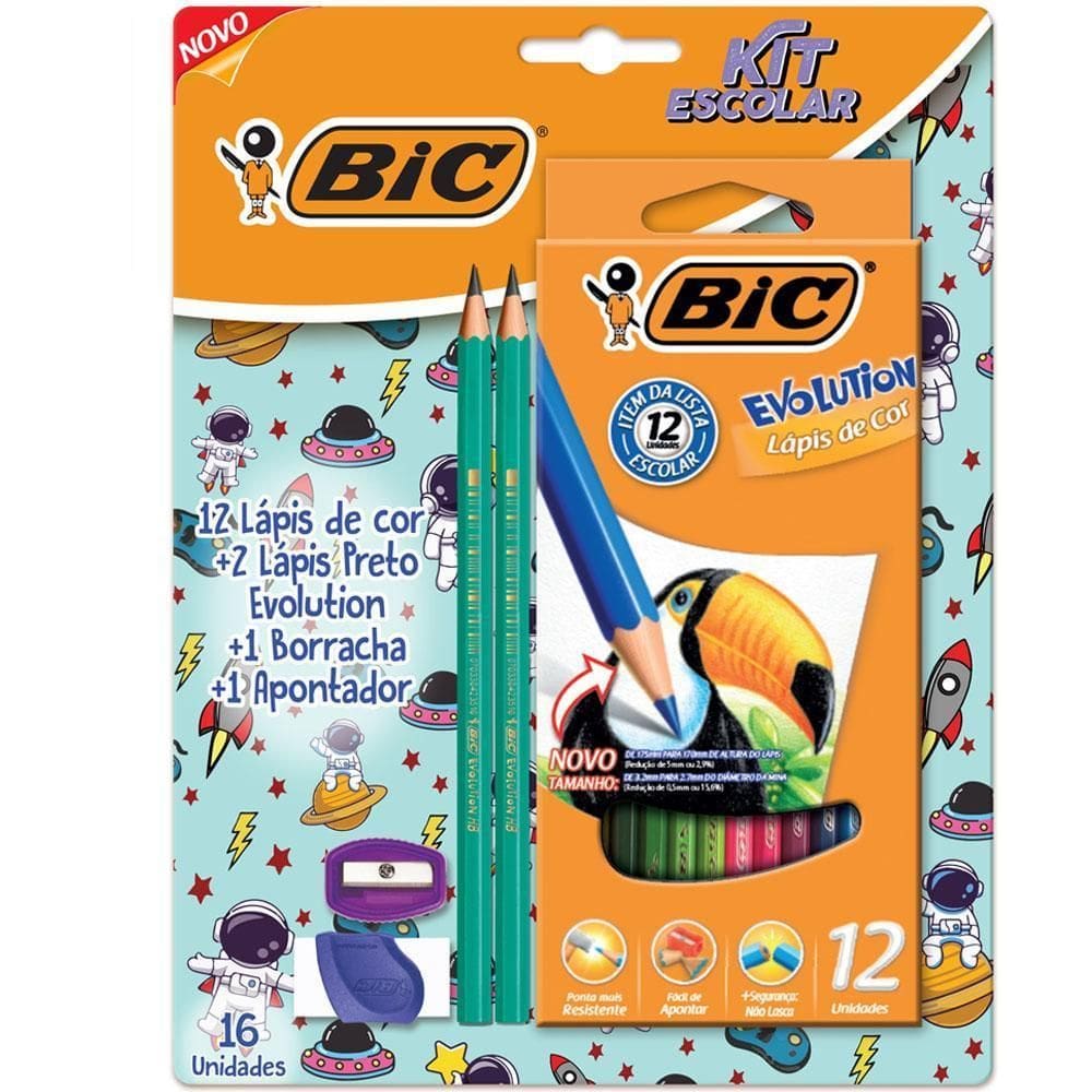 Kit Lápis De Cor 12 Grafite Apontador Borracha Evolution Bic