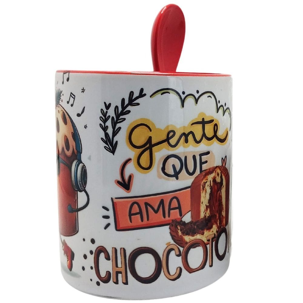 Caneca Vermelha Colher Gente Que Ama Chocotone + Chaveiro