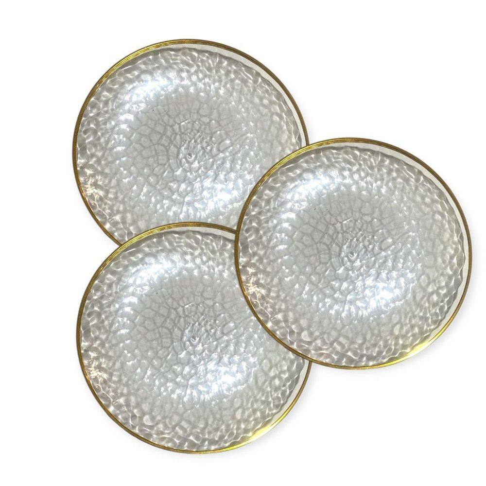 Kit 12 Pratos Jantar Redondo Acrílico Borda Dourado 25Cm