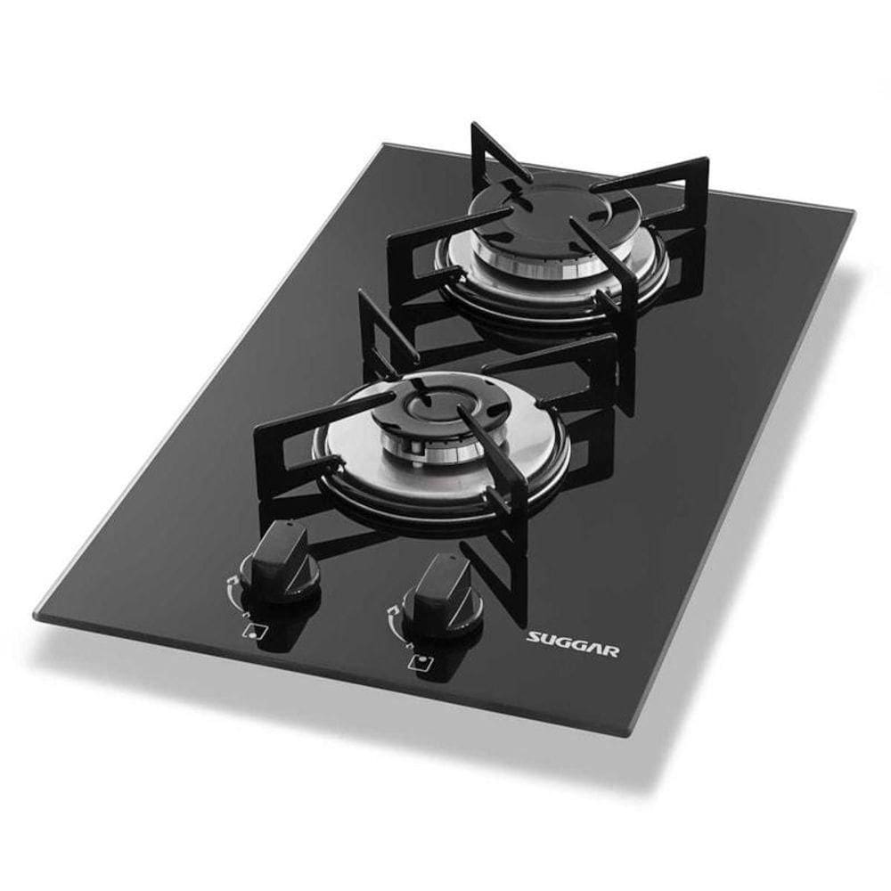 Fogão De Mesa Cooktop 2 Bocas Vidro Preto à Gás Suggar FG2002VP Bivolt