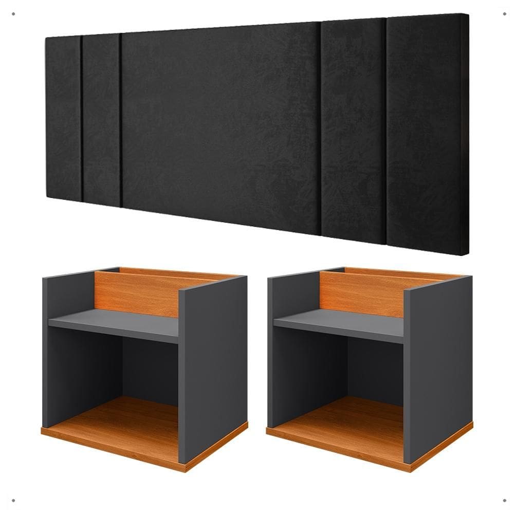 Kit 2 Mesinhas Suspensa Prateleira Nicho Madri Retrô Cinza/Cinamomo Cabeceira Estofada Módulo Cama Box Casal Luana Queen 1,60 Preto
