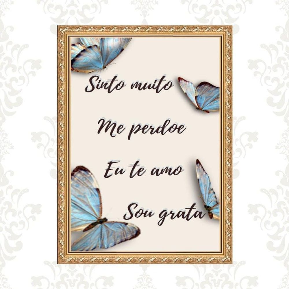 Quadro Moldura Dourada Hoponopono Borboletas 45X34Cm