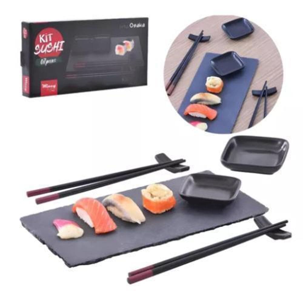 Kit Sushi Com Tigela Hashi Suportes E Tábua 07 Peças