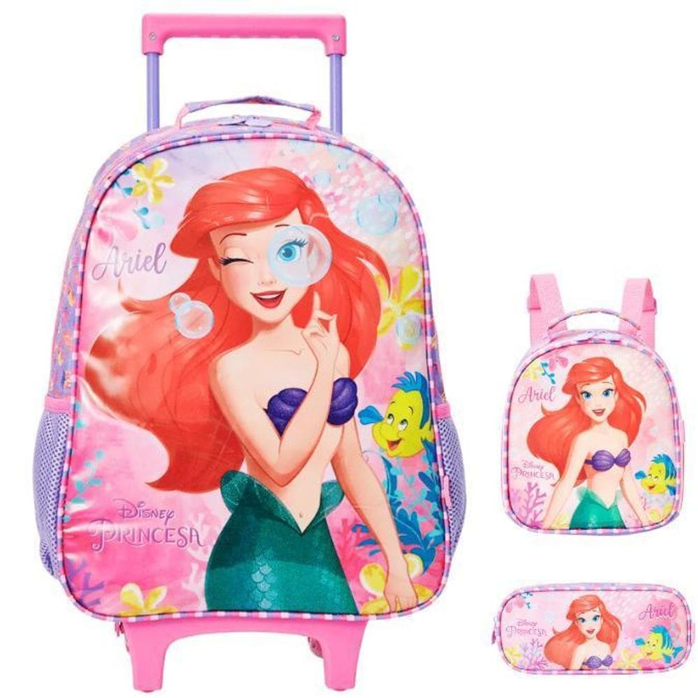 Kit Mochila Escolar Princesa Ariel Rodinha Tam G Infantil