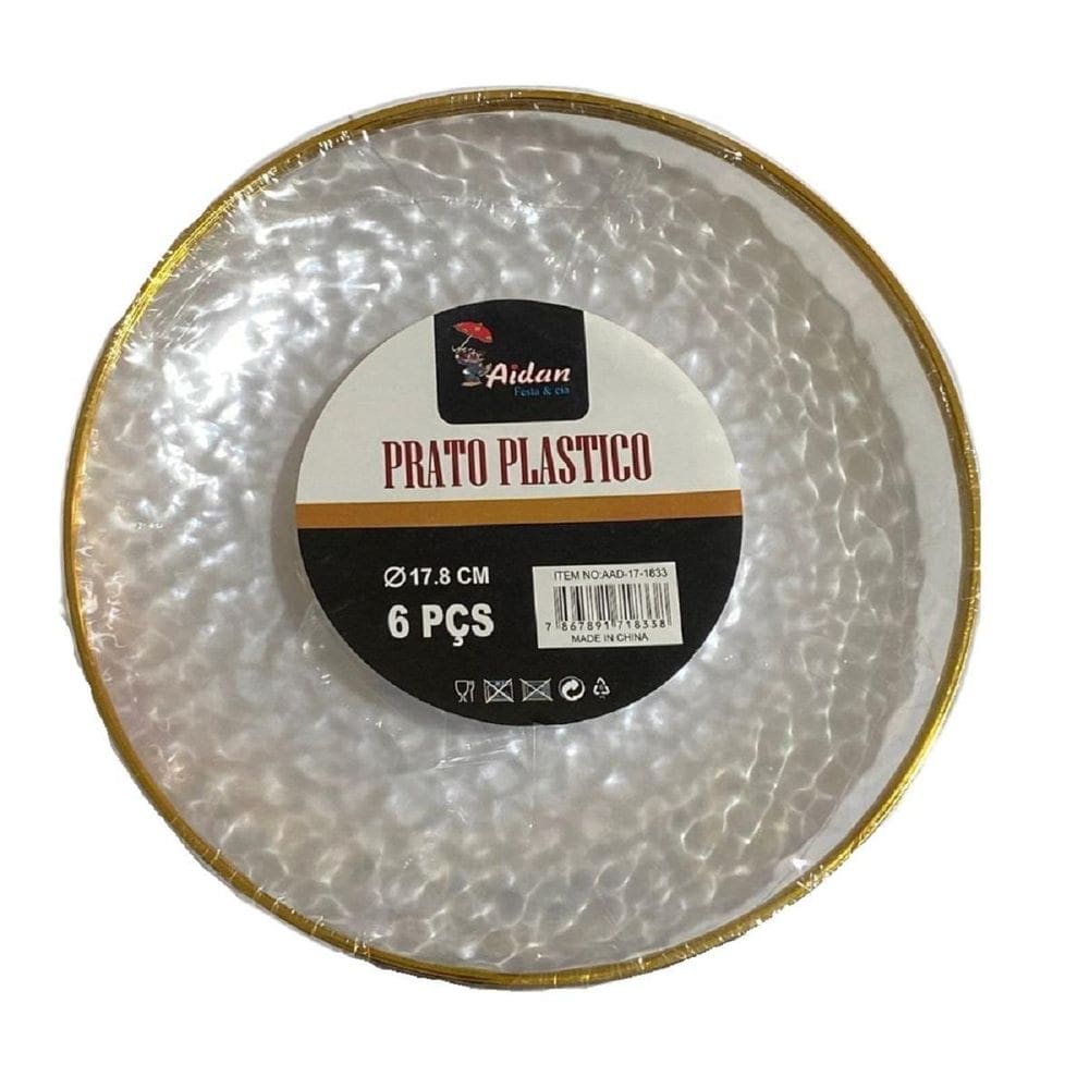 Kit 6 Pratos Redondo Acrílico Borda Dourado 17Cm Natal