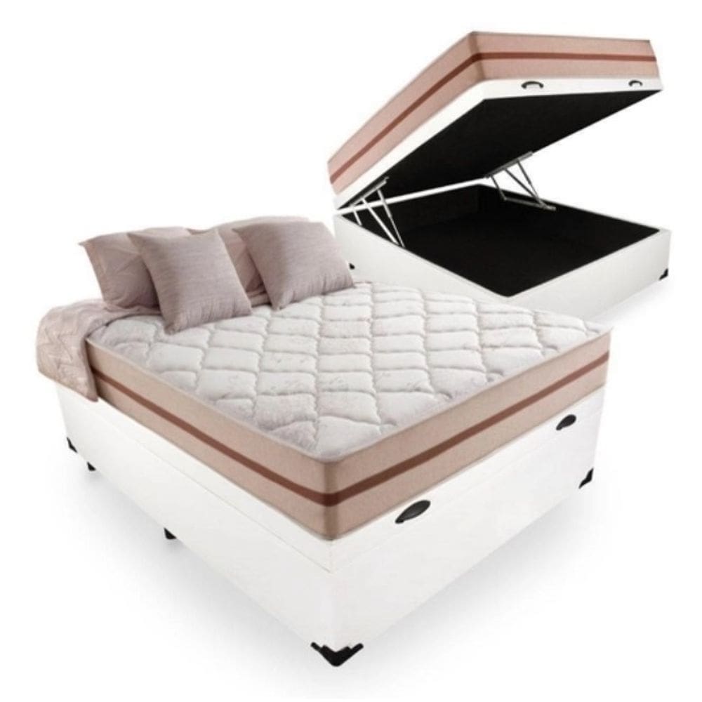 Cama Box Baú Viúva Tecido Sintético Branco com Colchão Pillow Angel - Bello Box - Molas Ensacadas 62x128x188