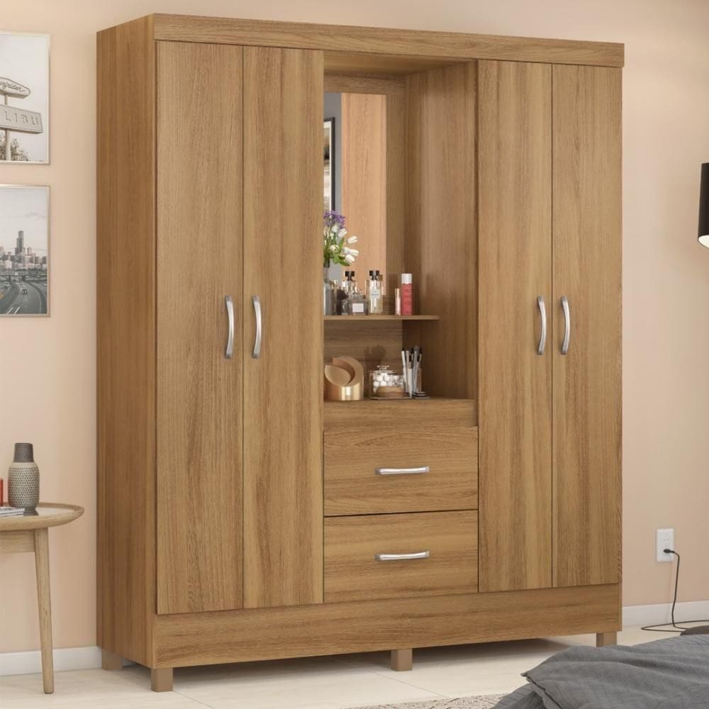 Guarda Roupa Solteiro 4 Portas Com Espelho E 2 Gavetas Loanda Amêndola Touch