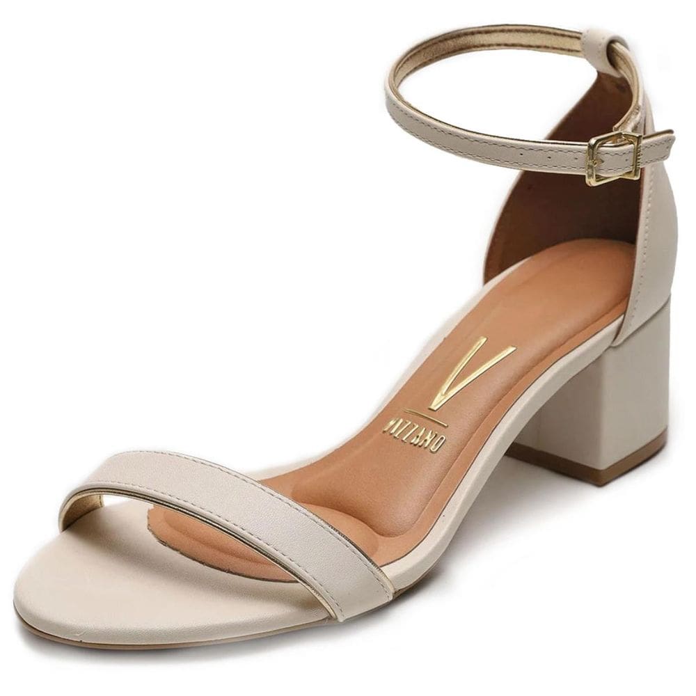 Sandália Vizzano Salto Bloco Detalhe Dourado Feminina - Off White