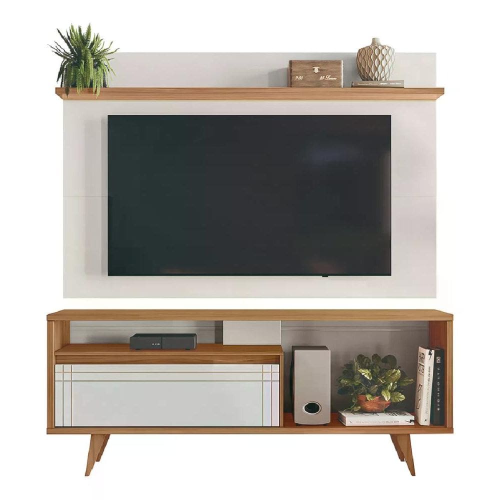 Rack Bancada Painel para TV 160cm até 60 Polegadas Marrom Branco Off White
