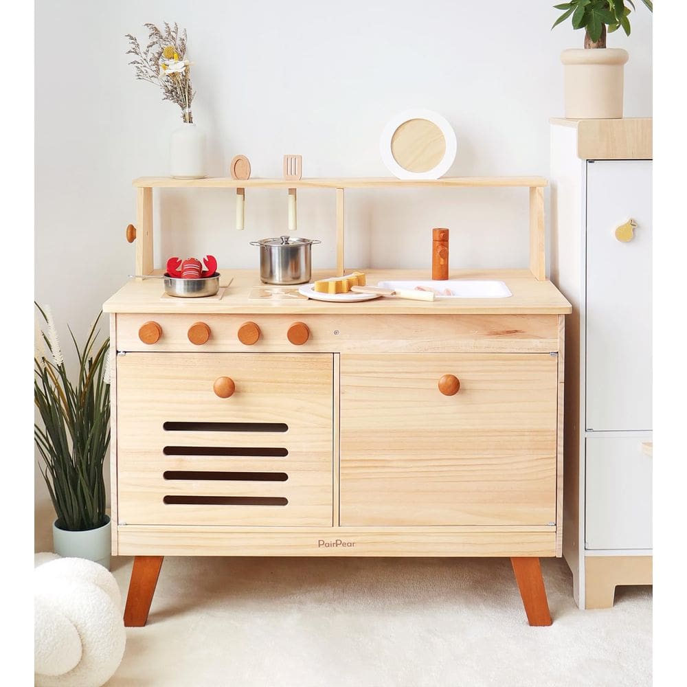 Kids Play Kitchen Pair Pear Natural Wooden com Play Food 3+