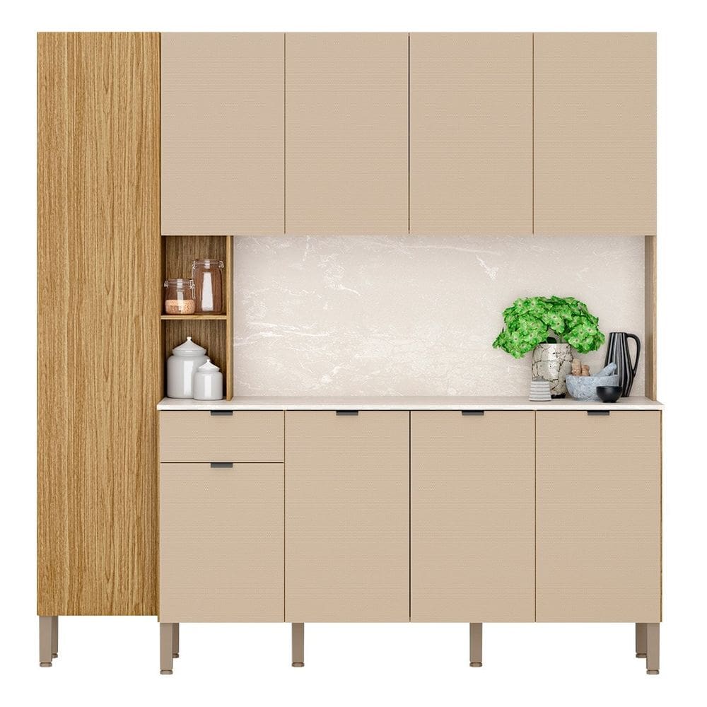 Cozinha Compacta Com Balcão 200cm Louvre K02 Freijó/Vanilla - Mpozenato