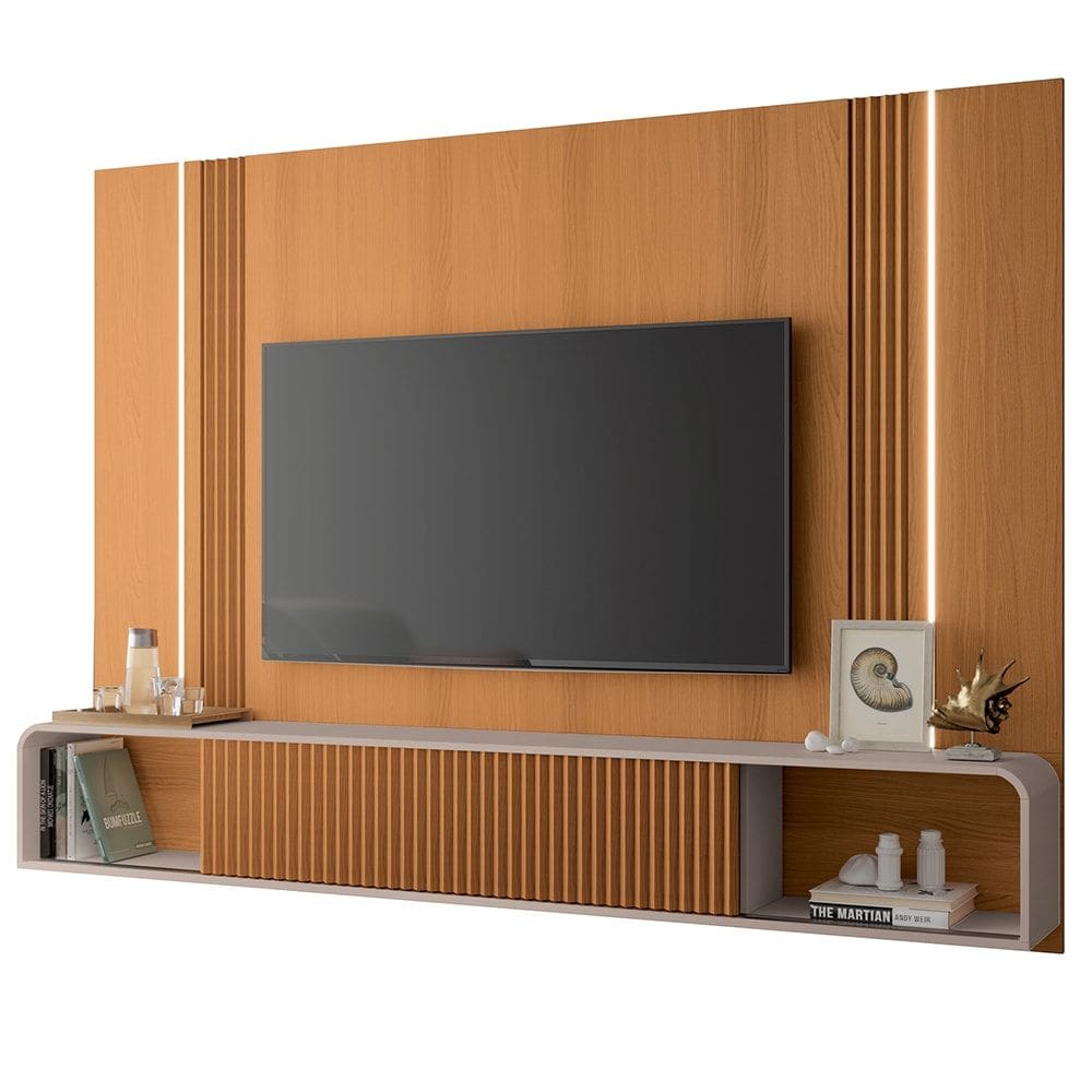 Painel Para TV 85 Pol Suspenso Canelado Com LED Vivaz H01 Off White/Cinamomo - Mpozenato