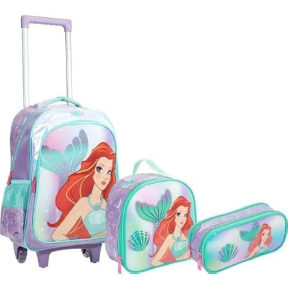 Kit Mochila Rodinha Lancheira Estojo Escolar Pequena Sereia