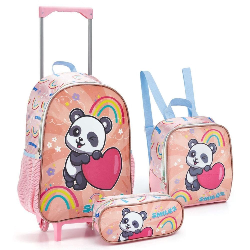 Kit Mochila Rodinhas Lancheira Estojo Escolar Infantil Panda