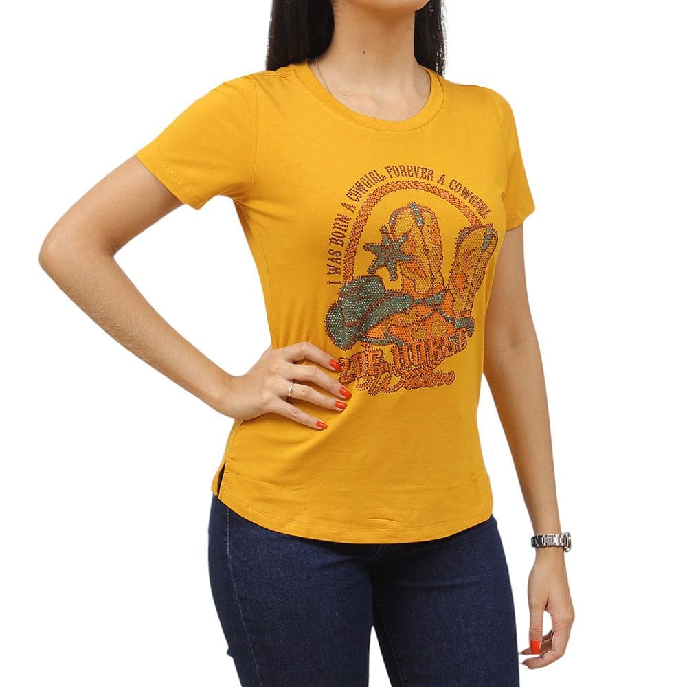 T-Shirt Feminina com Strass Mostarda Zoe Horse 37541