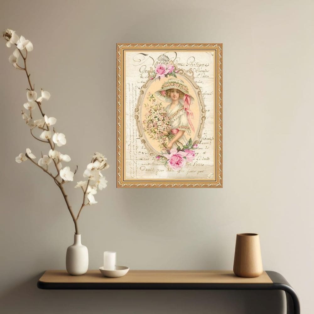Quadro Decorativo Mulher Buquet Flores Vintage 45X34Cm Vidro