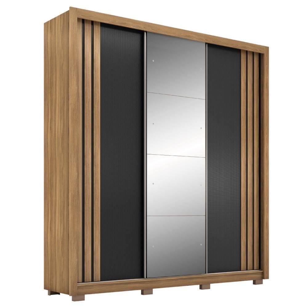 Guarda Roupa Casal 3 Portas Com Espelho E 2 Gavetas Moema Amêndola Touch nude E Preto Prime Tx