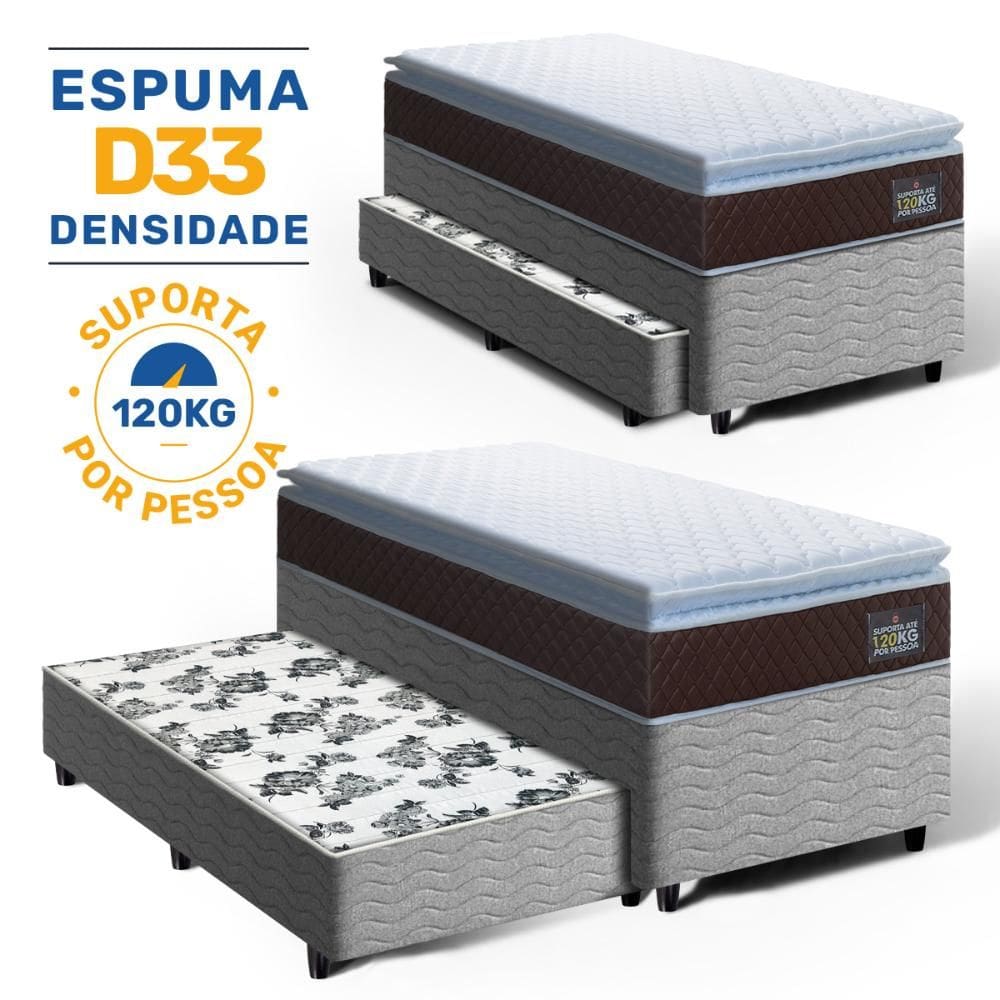 Cama Box com Colchão de Espuma D33 Pillow Top Comfort Luxo + Auxiliar de Espuma Unique Solteiro 88cm