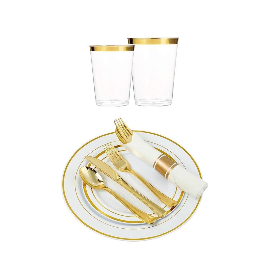 Kit 20 Convidados Copo Prato Guardanapos Descartável Gold