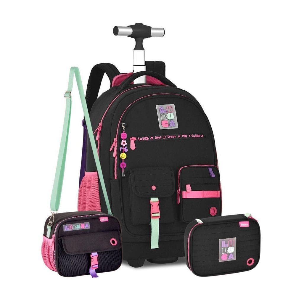 Kit Mochila De Rodas Luluca Com Lancheira Térmica Estojo Box