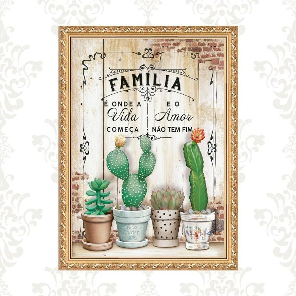 Quadro Moldura Dourada Frase Família - Cactos 45X34Cm