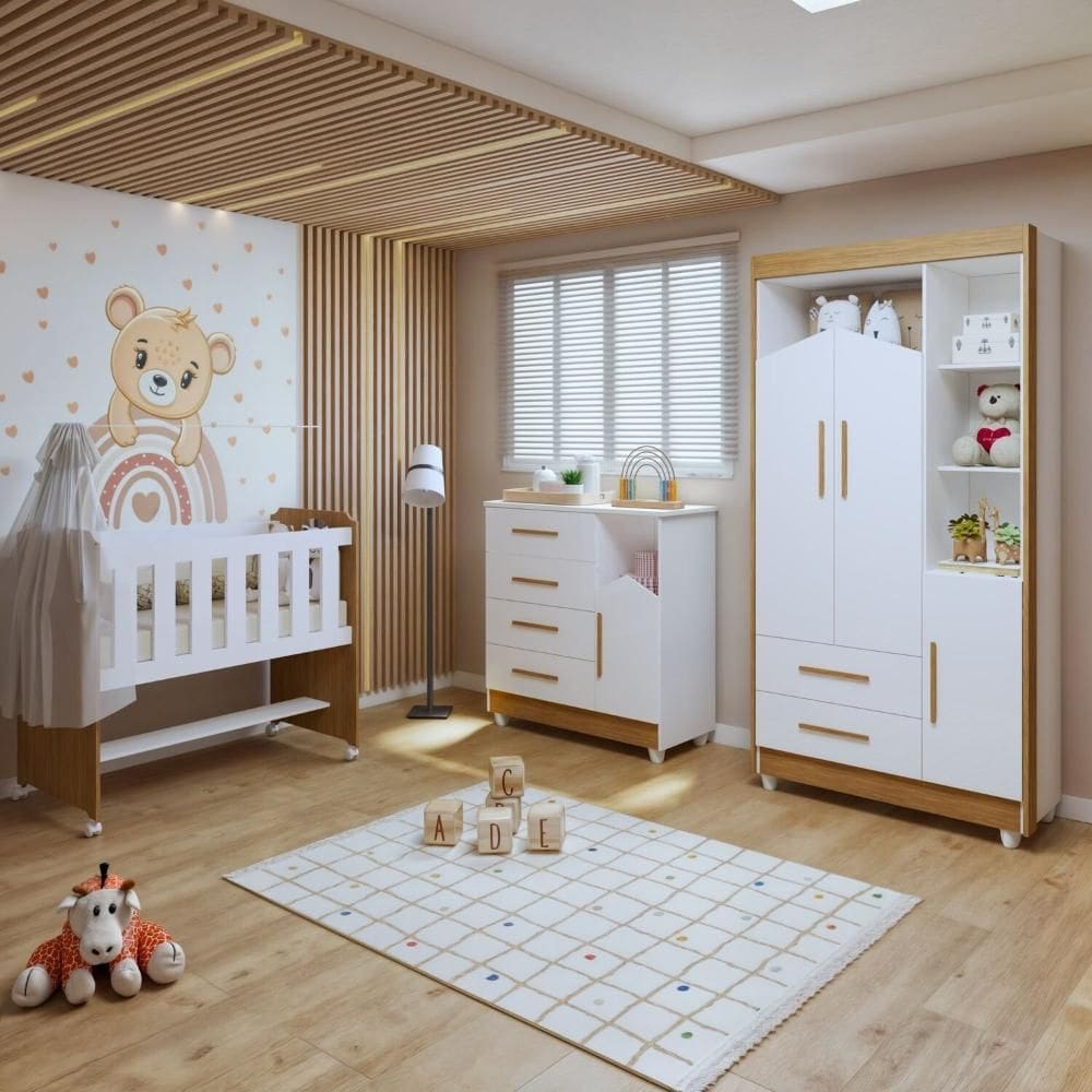 Quarto de Bebê Completo 100% MDF com Guarda-Roupa, Cômoda e Mini Berço Estelar Branco/Amadeirado