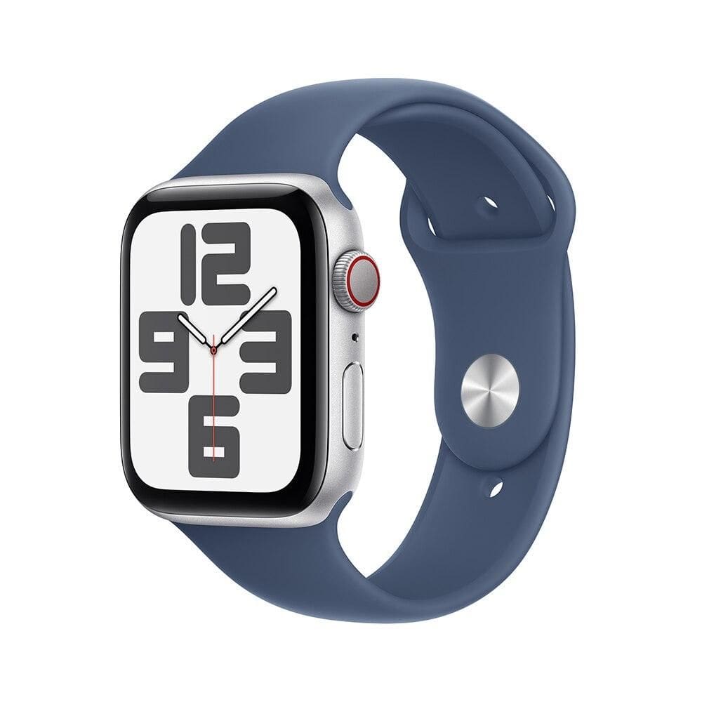 Apple Watch SE GPS + Cellular • Caixa prateada de alumínio – 44 mm • Pulseira esportiva denim – M/G
