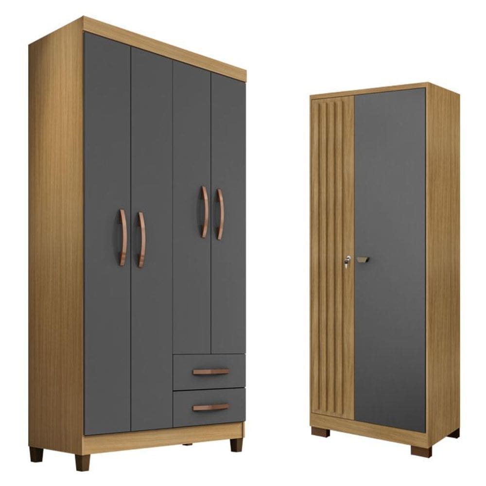 Guarda Roupa Solteiro Modena 4 Portas e Armário Multiuso Versatile Carvalho Americano Grafite – Incorplac