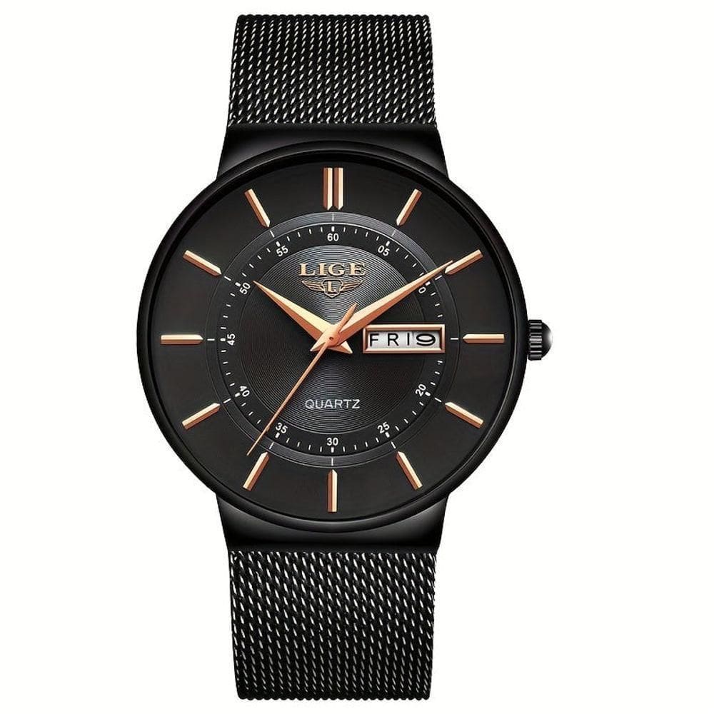 Relógio De Quartzo Lige Com Pulseira De Aço Inoxidável Preto