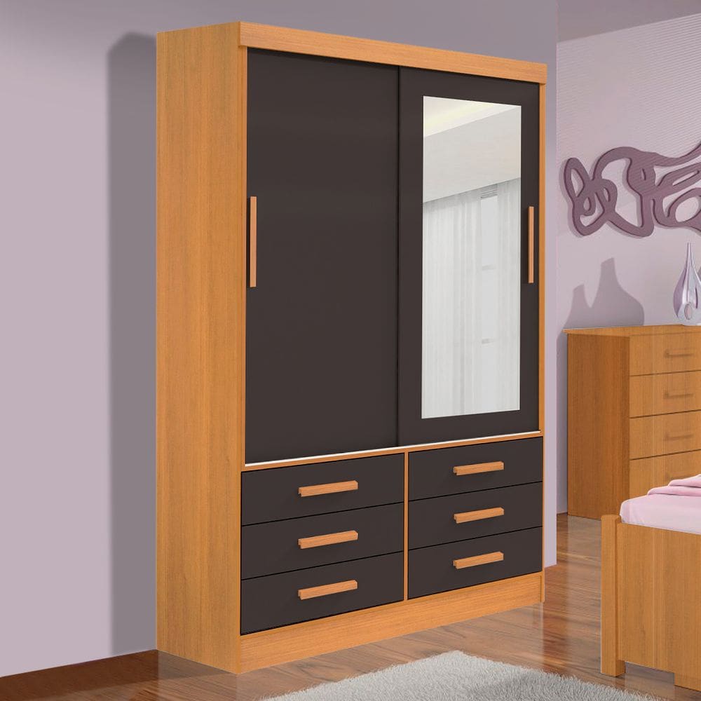 Guarda Roupa Solteiro 2 Portas e 6 Gavetas Com Espelho