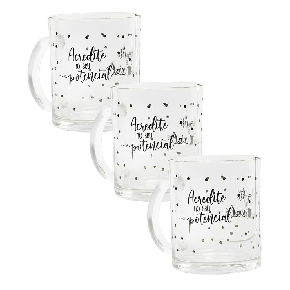 Kit com 3 Caneca Coffe De Vidro Com Frase 320ml