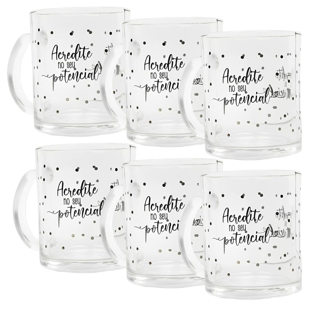 Kit com 6 Caneca Coffe De Vidro Com Frase 320ml
