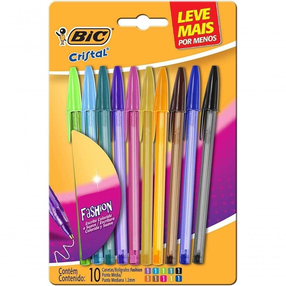 Canetas Coloridas Bic Cristal Fashion 10 Cores Vibrantes Ponta Esferográfica