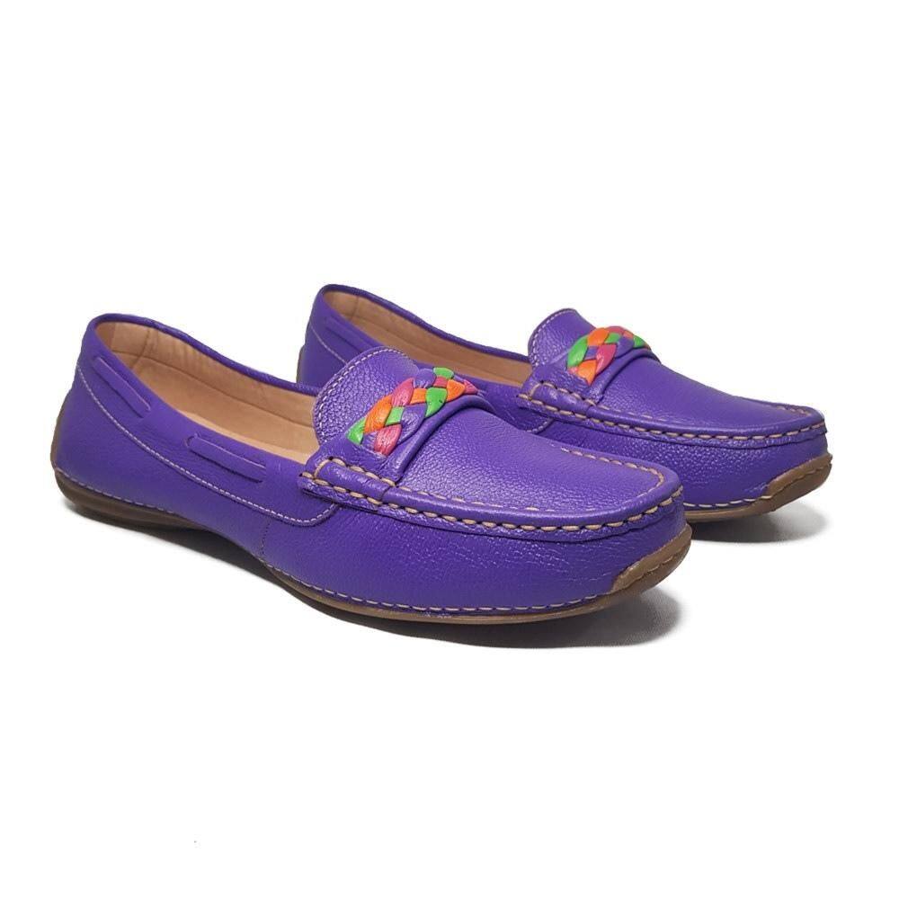 Mocassim Feminino Couro Confortável Tranças Casual