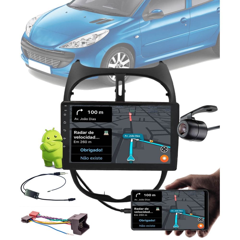 Multimídia 9" Polegadas Android Peugeot 206 2002 até 2010 + Câmera Ré + Moldura + Chicote + Adaptador de Antena
