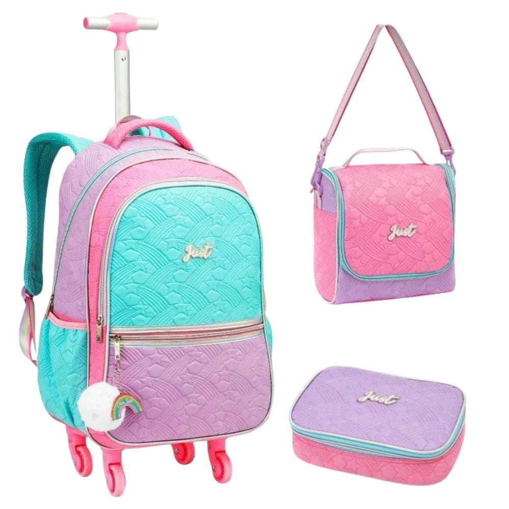 Kit Mochila De Rodinhas Menina Estojo Lancheira Arco-Íris