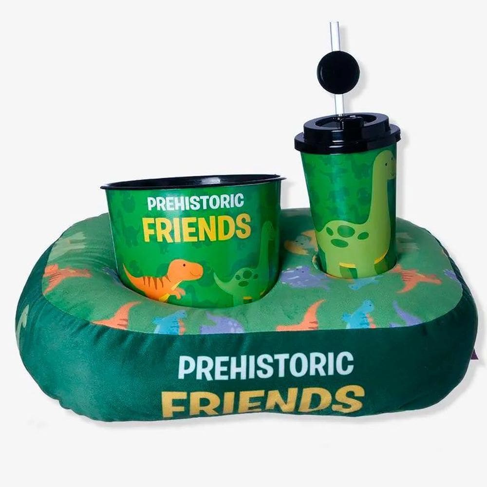 Kit Almofada Pipoca Infantil Veludo Dinossauros Balde E Copo