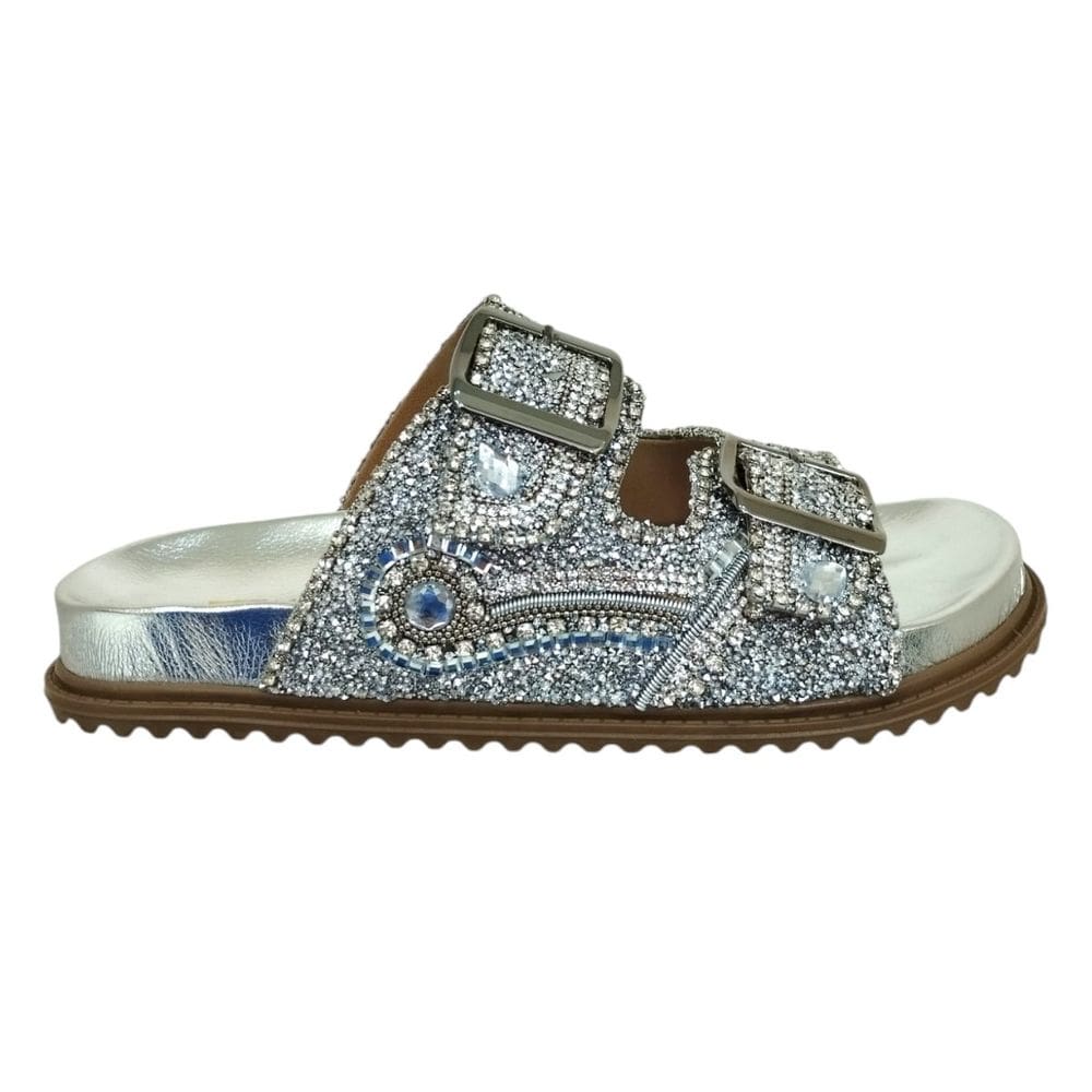 Chinelo Feminino Papete Trilha Da Lua Tiras Brilho Couro