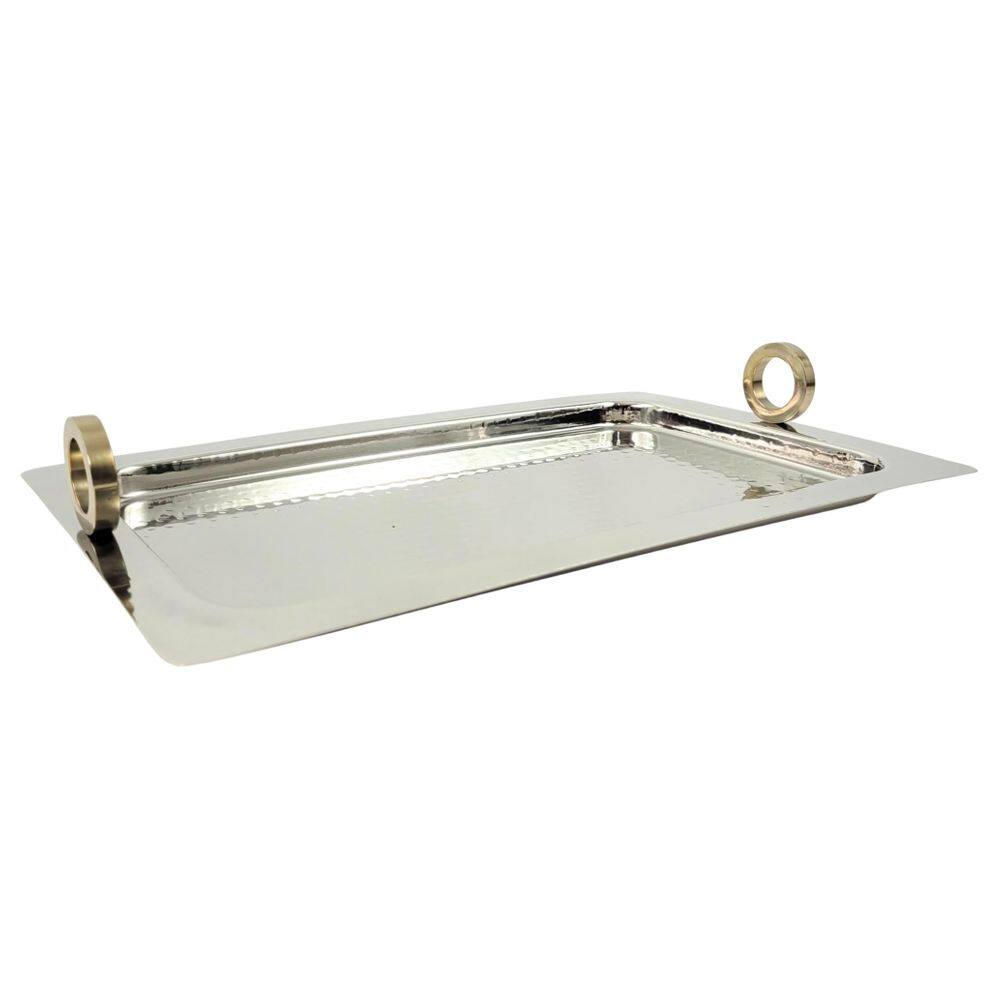 Bandeja Decorativa Inox Prata Com Alça Dourada 43X28Cm