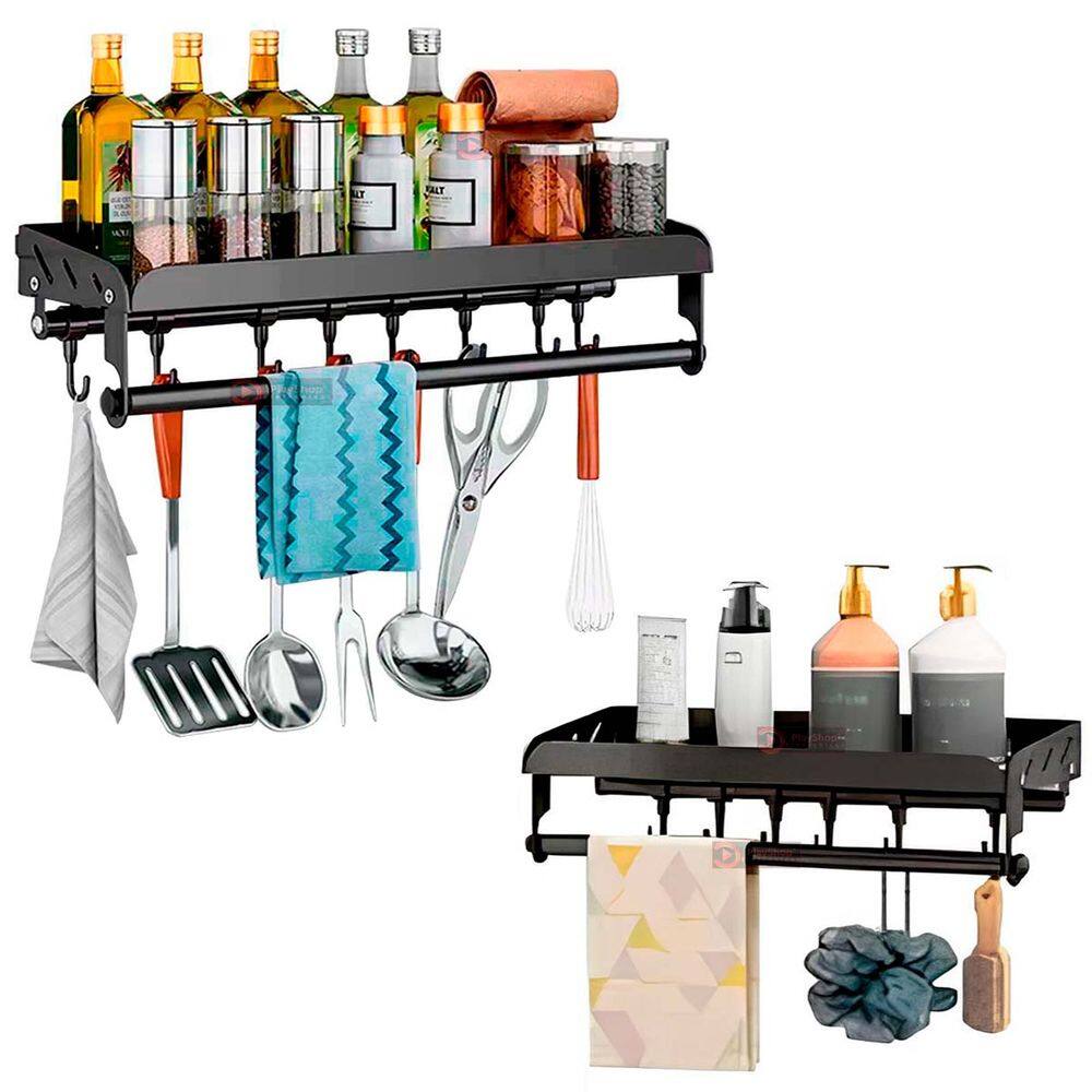 Prateleira Organizadora 50CM Preto Cozinha e Banheiro Tempero e Shampoo C/ Gancho Porta Utensílio Talheres Pano toalha