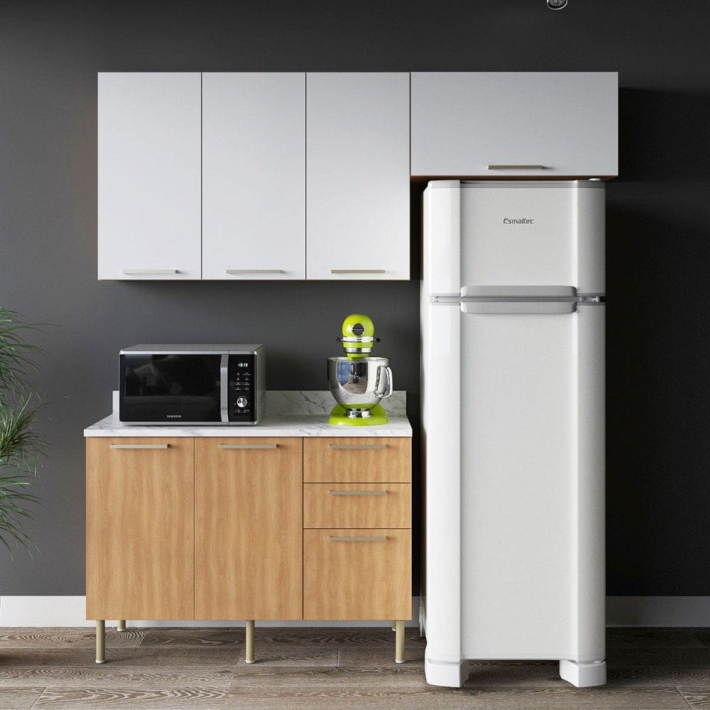 Cozinha Compacta Dália 6 Portas 3 Gavetas Freijó/Branco/Mármore Branco - Tecno Mobili